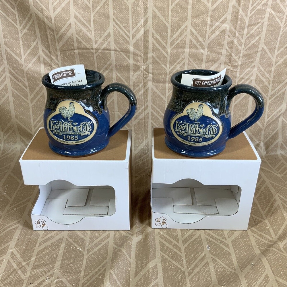 Pair Of 2 NEW Deneen Pottery Egg Harbor Cafe Blue Glaze Drip Mug Libertyville IL